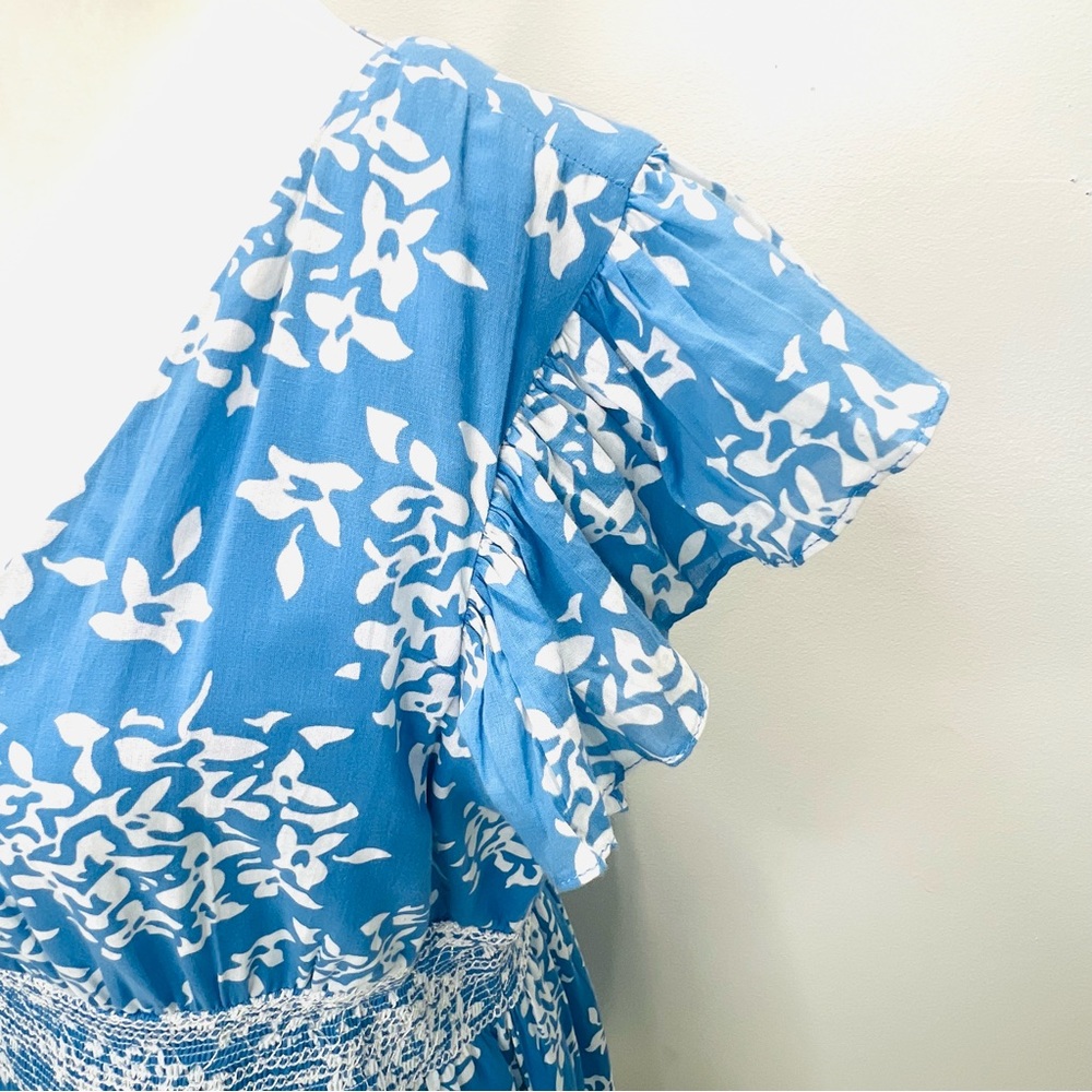 SAIL TO SABLE Blue Floral Flutter Ruffle Sleeve Smock Waist Mini Dress Large - Picture 3 of 13
